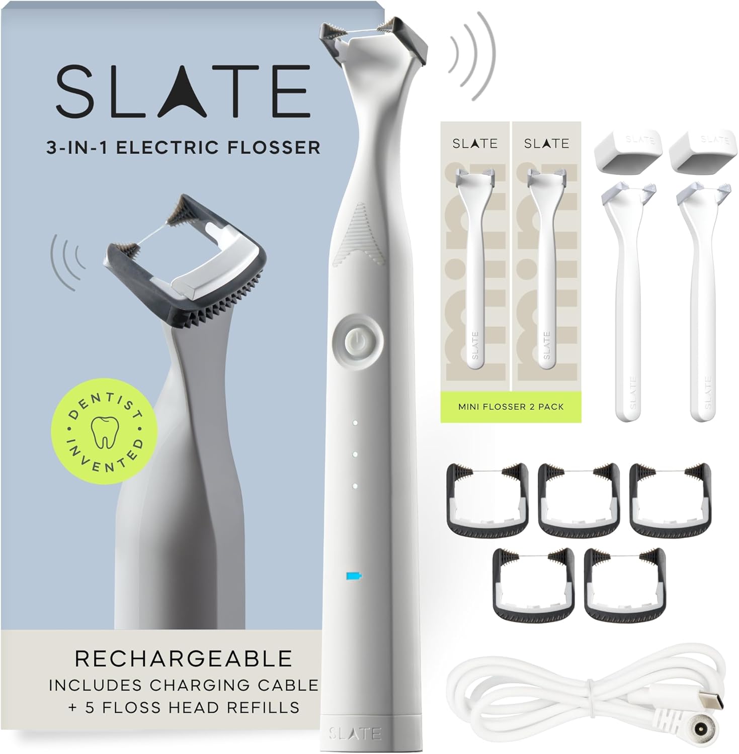 Slate Flosser Bundle – Rechargeable Electric Flosser + 2 White Mini Flossers | Dentist-Invented 3-in-1 with Reusable Floss Heads | Non-Toxic & PFAS-Free