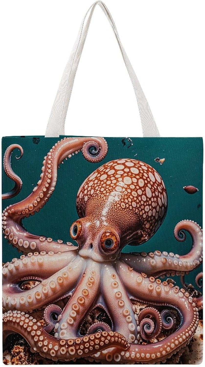 Octopus Pattern Ocean Canvas Tote Bag Reusable Grocery Bags Foldable Soft Cotton Shoulder Carry Bag