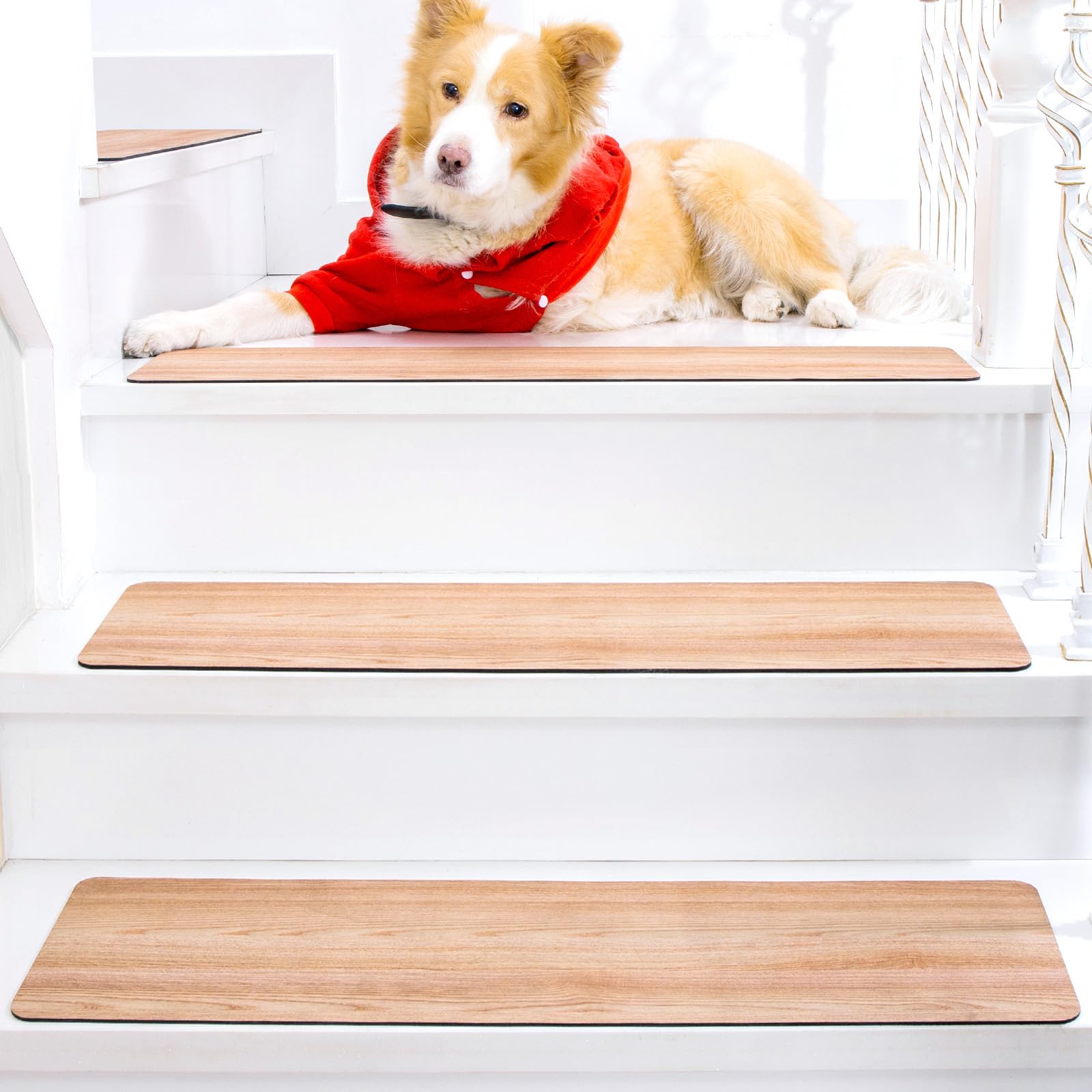 Tapis d’Escalier Antidérapants en Caoutchouc Synthétique,7 Pièces | Tapis de Marche avec Dos Gomme Antiglisse, 76×20 cm, avec Ruban Adhésif, Imitation Bois