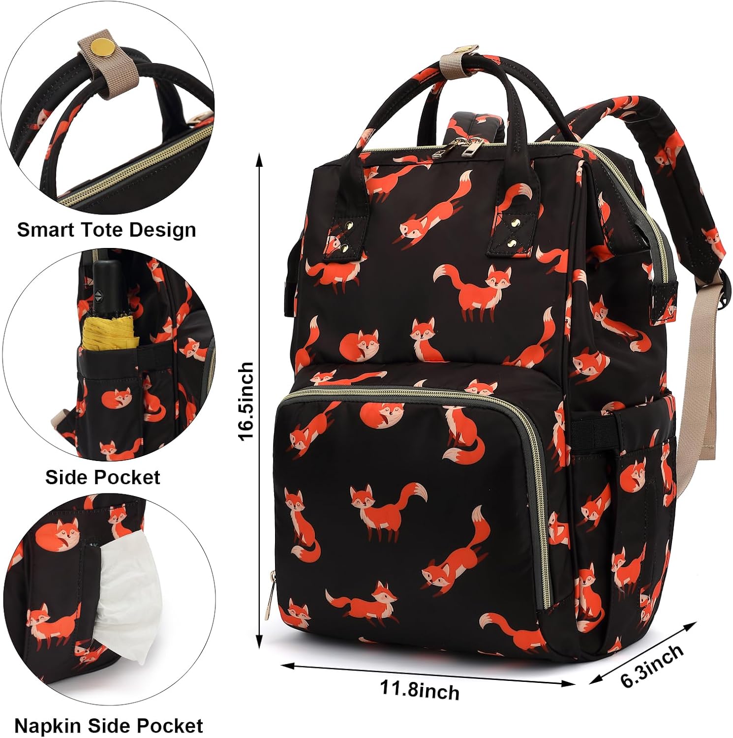 Fox Baby Diaper Bag Backpack for Women, Large Capacity Waterproof Maternity Travel Nappy Backpacks with Stroller Straps