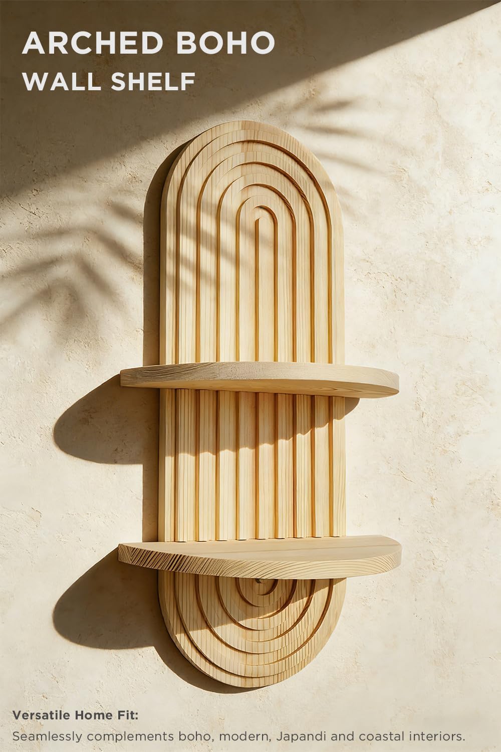 Boho Wall Shelf, 17" MCM Arched Decorative Floating Shelves, Wooden Round Shelf for Plants, Entryway, Bathroom & Bedroom, Natural Oak