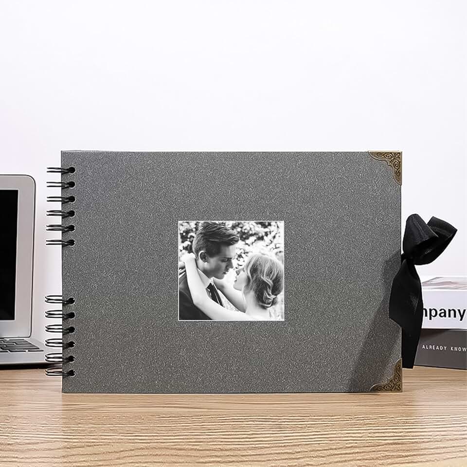 Álbum de Fotos Vintage com Espiral, Capa Preta com Detalhes Dourados, 32x22cm, para Casamento, Aniversário e Memórias (Cinzento)