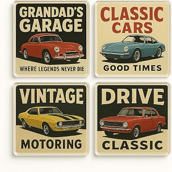 Acrylic Coaster Gift Set of 4 with Retro Car Illustrations - Vintage Motoring Decor for Grandad's Man Cave