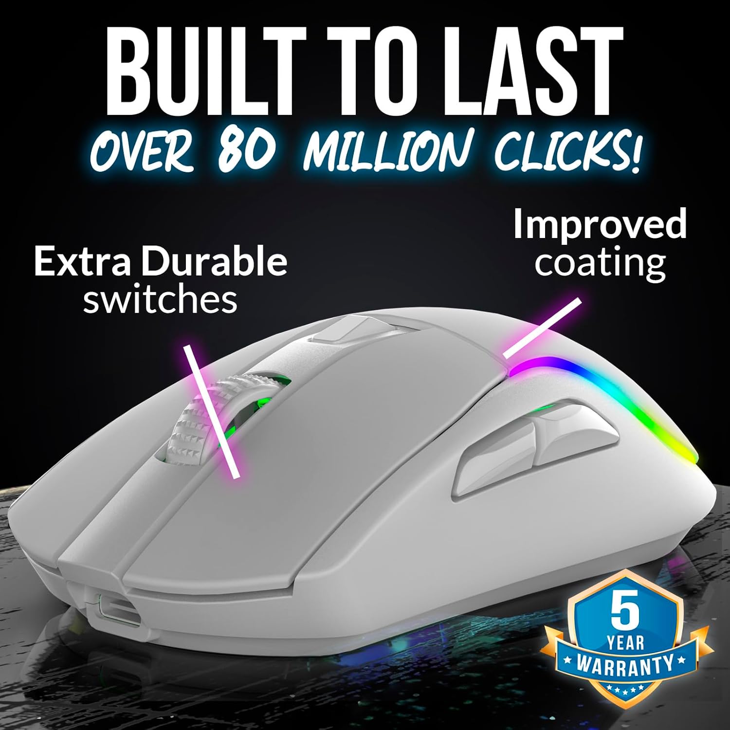 KLIM Blaze Y RGB Rechargeable Wireless Gaming Mouse with Charging Dock - High-Precision Sensor and Long-Lasting Battery - Up to 6000 DPI - PC Gaming Mouse - Wired and Wireless Mouse for PC - White