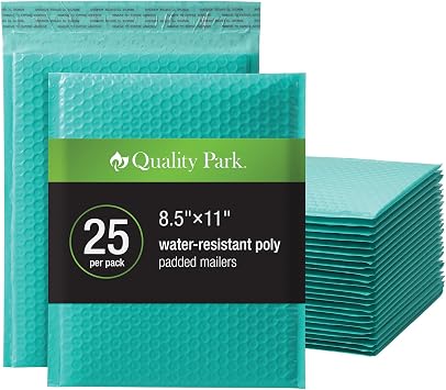 Quality Park Bubble Mailers, 8.5 x 11 Shipping Envelopes, Water Resistant Teal Poly Padded Envelopes, Redi-Strip Peel Off Closure, 25 Per Box QUA85860