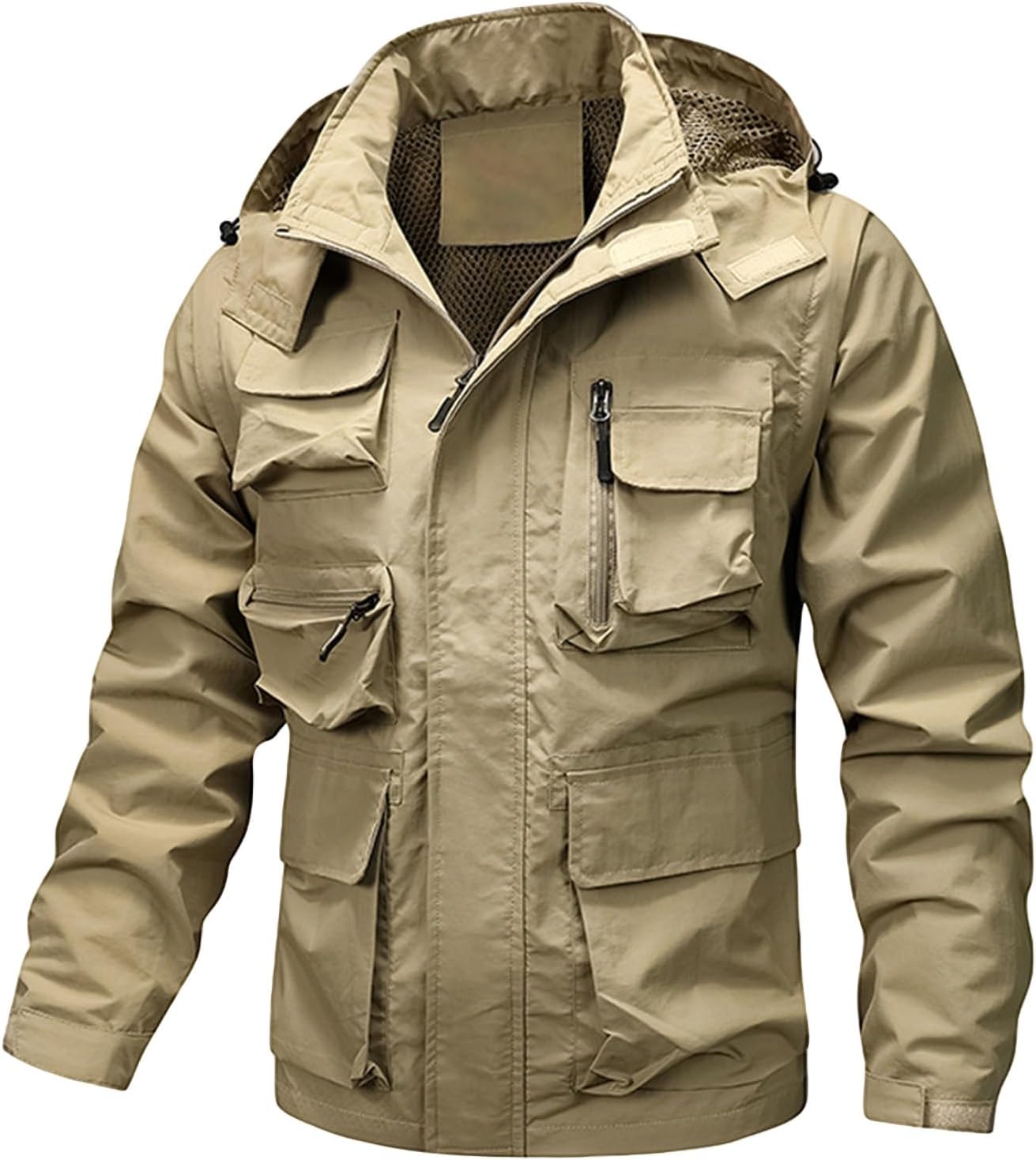 Army Jacket for Men Jackets Convertible Climbing Casual Loose Fit Multi-Pocket Coat With Detachable Hood And Sleeves Zipper