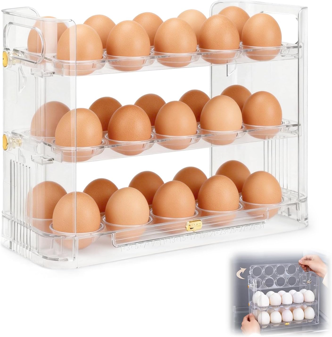 Flip-Up Egg Holder for Fridge & Countertop, Clear 30 Count Egg Storage Organizer for Refrigerator Door with Slide Date Bar, 3-Tier Space Saving Container Tray, 1 Pack