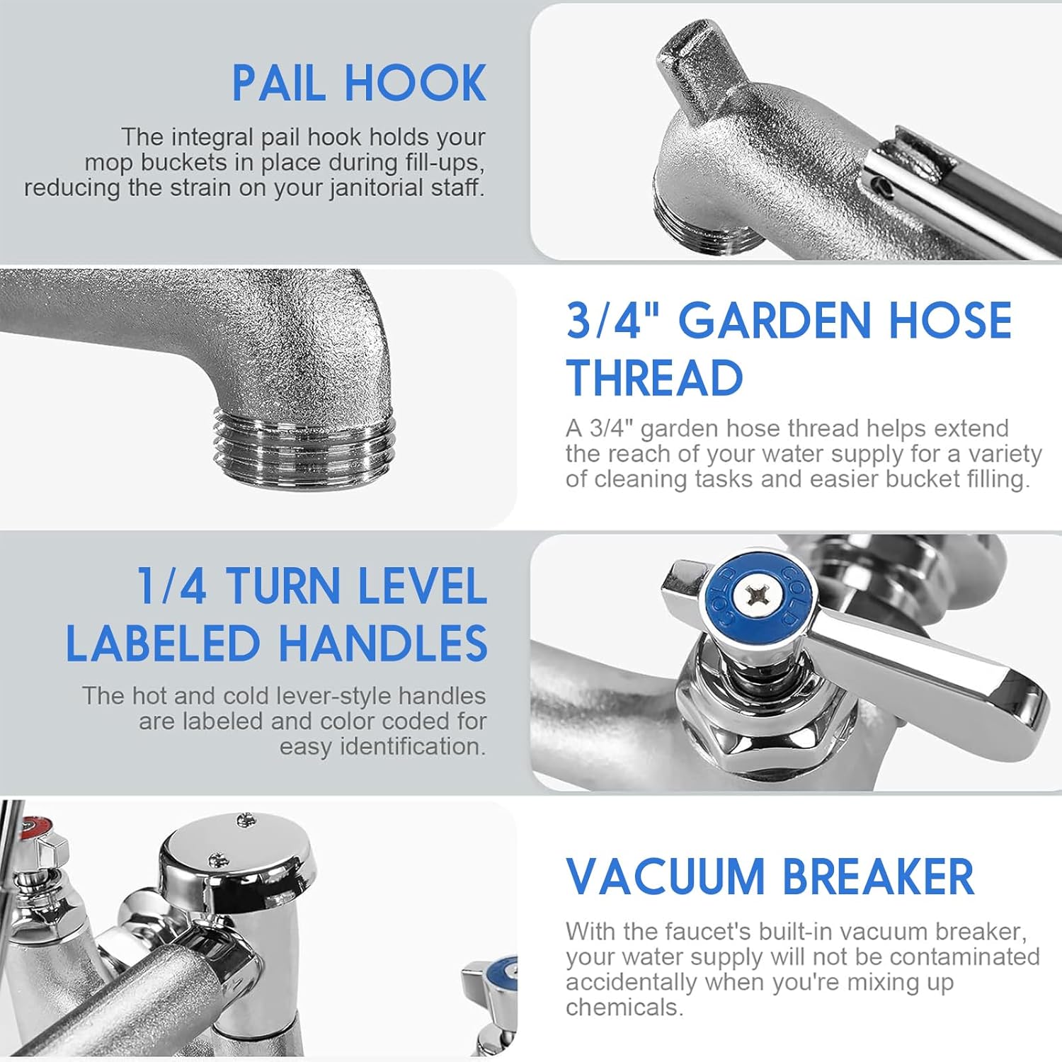 Commercial Mop Sink Faucet Service Sink Faucet with 6-1/2" Vacuum Breaker Spout, Wall Mount 8" Adjustable Center, with 3/4" Hose Thread, Pail Hook, Chrome-Plated for Utility, Laundry, Garden - Image 4