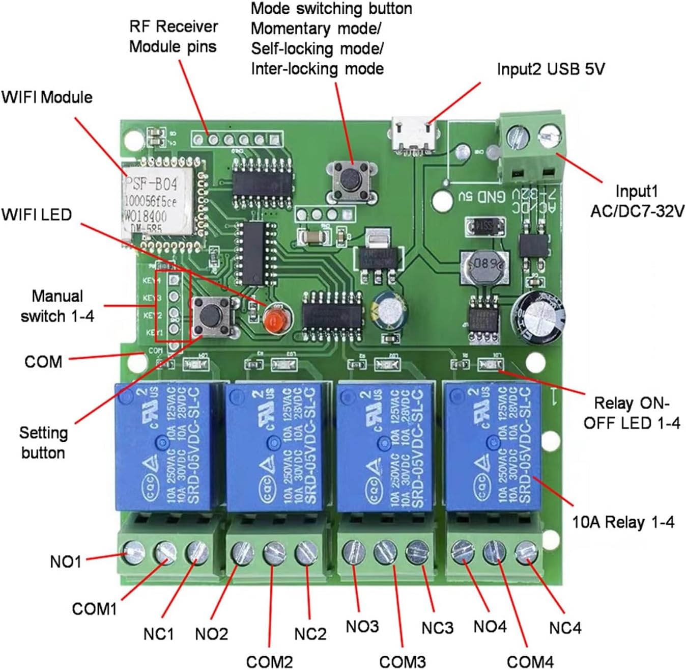 YIZMO 4-Way WiFi Remote Control Switch Relay Module instantaneous self-Locking Interlocking Mode Smart DIY DC5-32V AC220V (Size : DC5-32V)