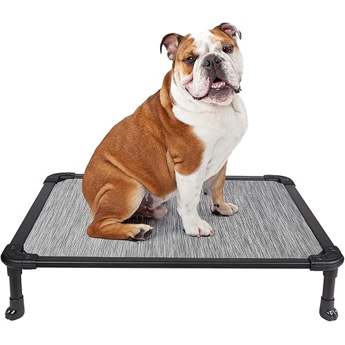 Veehoo Chew Proof Elevated Dog Bed - Cooling Raised Pet Cot - Rustless Aluminum Frame and Durable Textilene Mesh, Unique Designed No-Slip Feet for Indoor or Outdoor Use, Black Silver, Medium