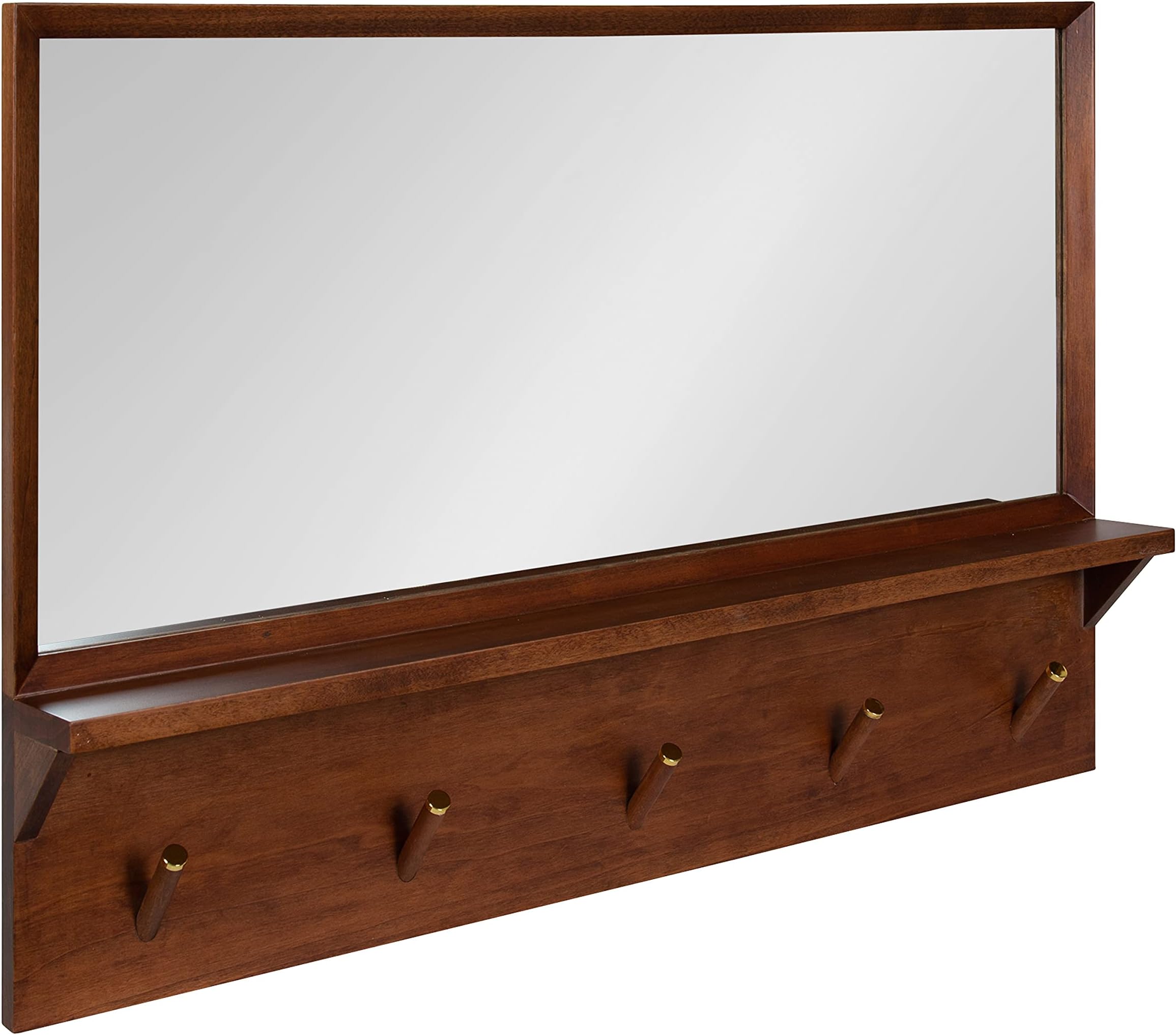 Kate and Laurel Hinter Mid-Century Wood Framed Pub Mirror, 36 x 24, Walnut, Modern Wall Organizer with Mirror and Five Hooks