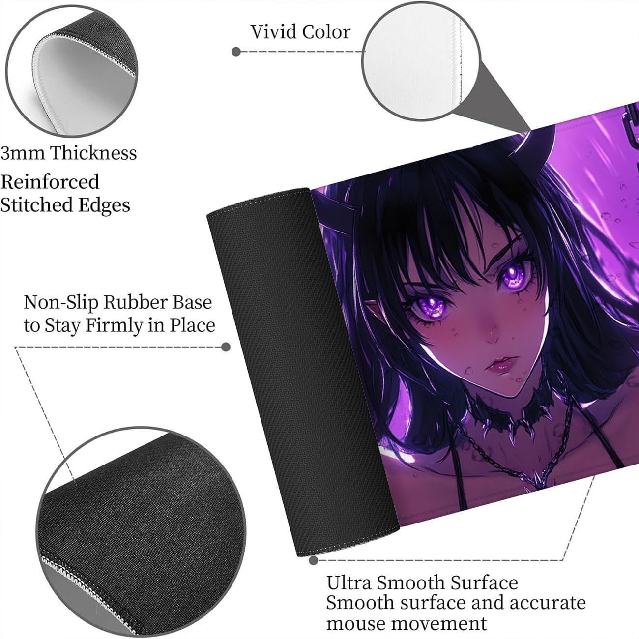 Anime Girl Desk Mat Cool Purple Aesthetic Dark Fantasy Gaming Mouse Pad Mat with Stitched Edge Non-Slip Base Big Mouse Pad Office Computer Keyboard Laptop Home, 31.5x11.8 Inch - Image 6