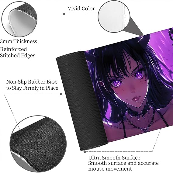 Anime Girl Desk Mat Cool Purple Aesthetic Dark Fantasy Gaming Mouse Pad Mat with Stitched Edge Non-Slip Base Big Mouse Pad Office Computer Keyboard Laptop Home, 31.5x11.8 Inch