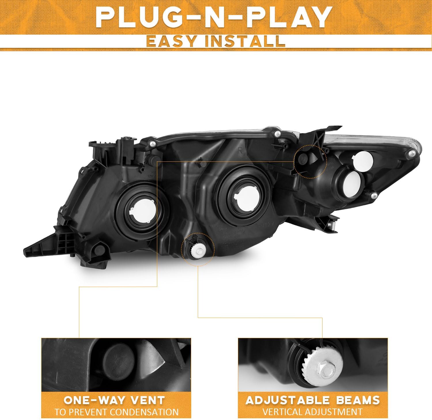 Rear view of WEELMOTO headlight showing one-way vent and adjustable beams