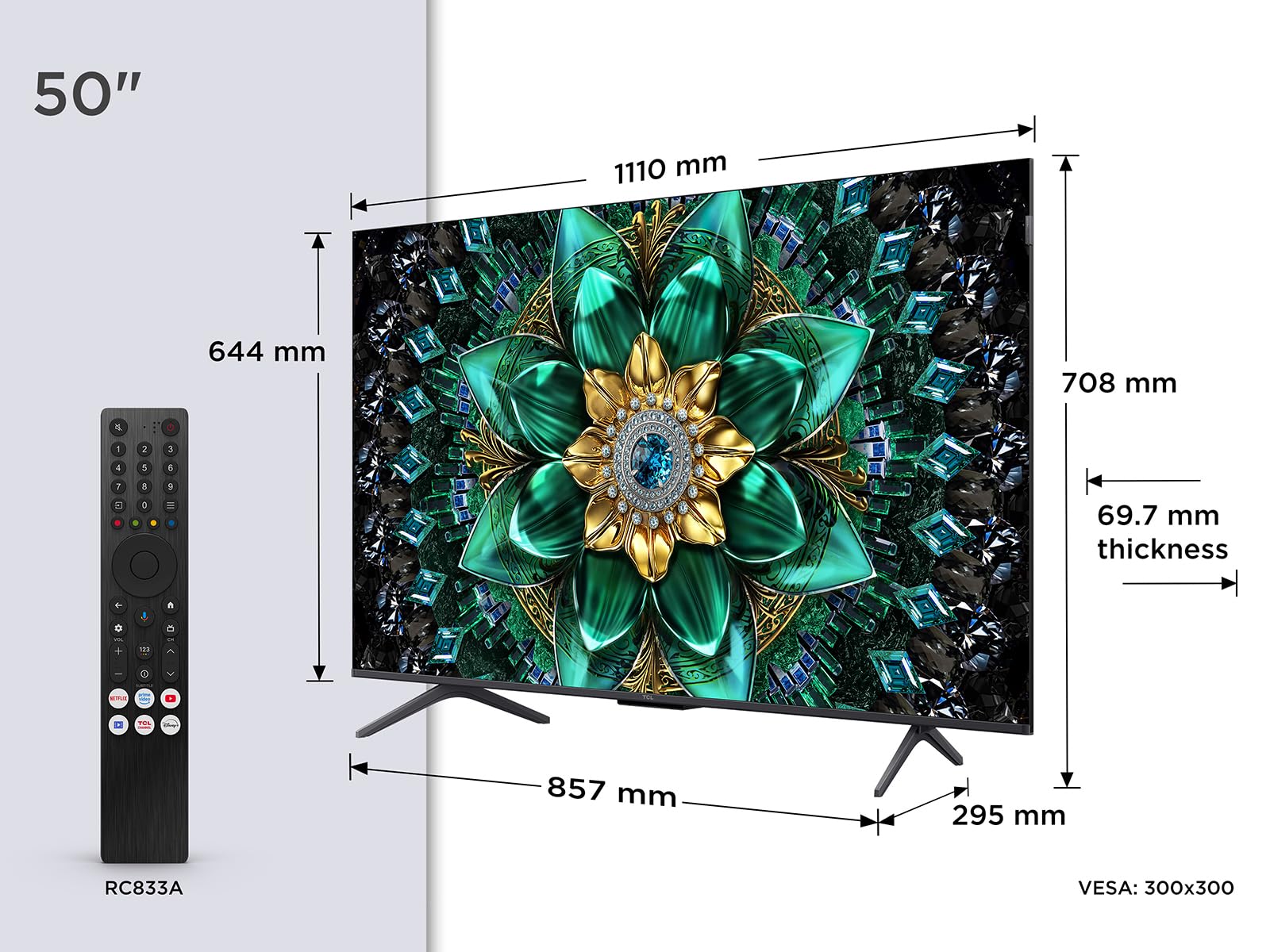 TCL 50Q6C QD-Mini LED TV, 4K HDR Premium 1000nits, Smart TV alimenté par Google (Dolby Vision IQ et Atmos, système Audio Onkyo 2.1, Motion Clarity Pro 144Hz, Game Master, contrôle Vocal Mains Libres)