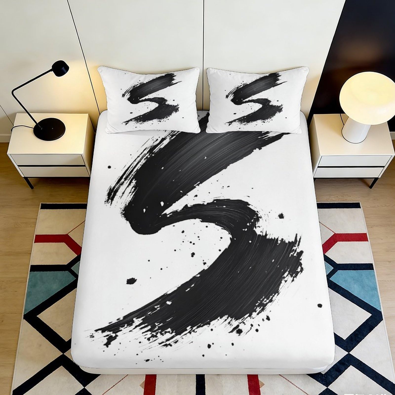 3D Printed Abstract Brushstroke Fitted Sheet Microfiber Soft Black Splash Bed Cover for Bedroom Dorm Decor Protection 90x200x25cm