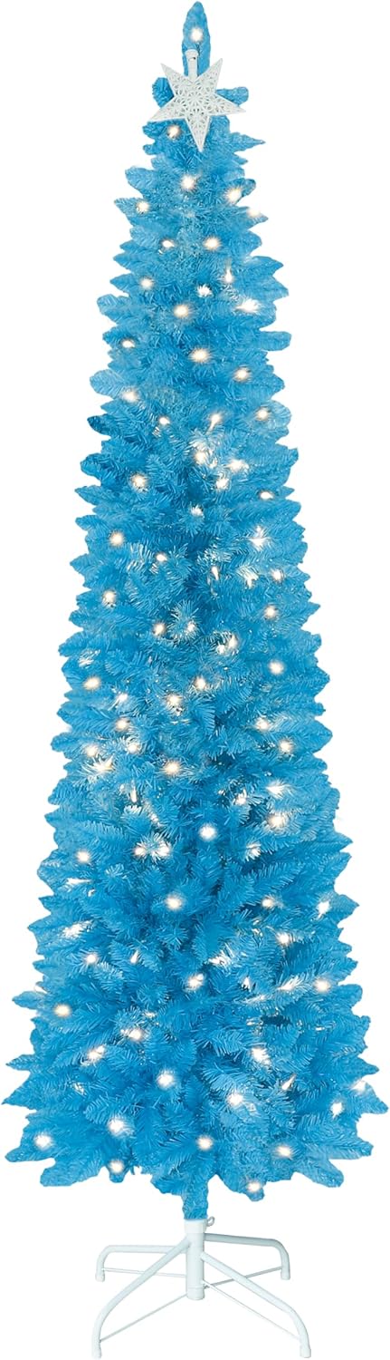 Yardenaler 6 FT Christmas Tree, Bendable Artificial Whimsical Christmas Tree with 200 LED Lights, Pre-lit Pencil Xmas Tree with 536 PVC Branches & Metal Stand for Holiday, Home, Party, Blue