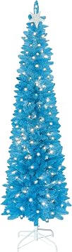 MUPATER 6FT Slim Christmas Tree, Pre-lit Artificial Christmas Trees with Curved Top, Skinny Xmas Tree with Metal Stand, Holiday Decoration for Home, Cafes and Shops, Blue