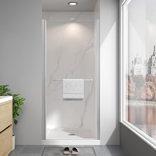 Frameless Pivot Shower Door 32"-34" W x 72" H, Swing Shower Glass Doors with Nano Explosion-Proof Film Tempered Glass 1/4"(6mm) Reversible Installtion, Brushed Nickel Finish