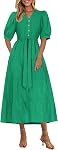 PRETTYGARDEN Robes d'été pour femmes 2026 Élégant Classy manches courtes V cou volant une ligne ceintée longue plage robe de vacances