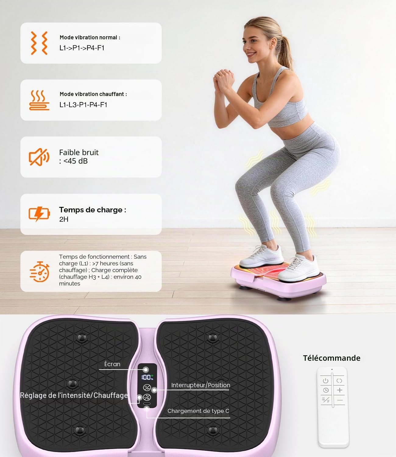Plateforme Vibrante avec Fonction de Chauffage, Écran Tactile LCD, 6 Modes, Charge Maximale 130 kg, USB-C