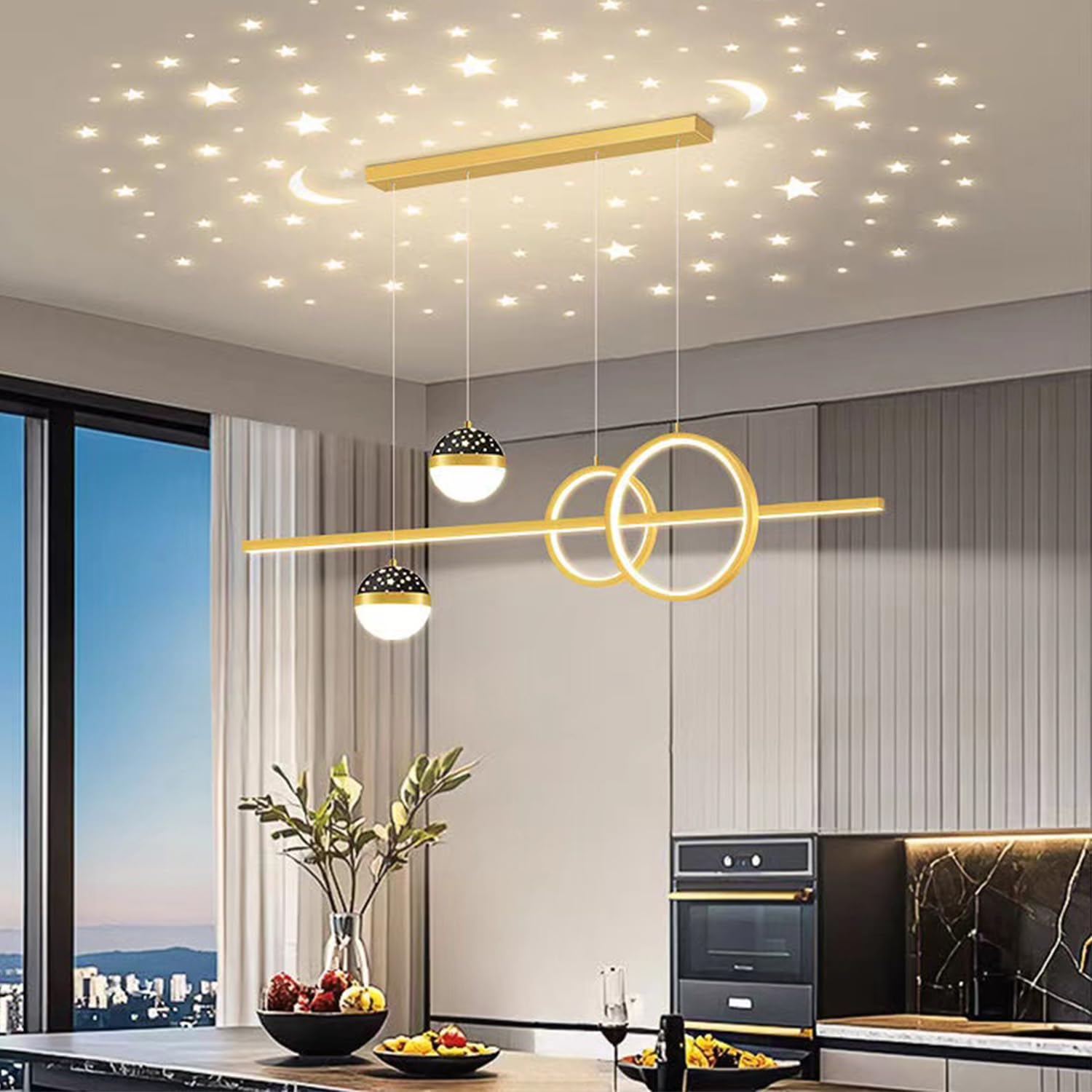 Modern LED pendant lamp dining room dimmable pendant lamp dining table black, Modern linear design pendant lamp with remote control, dining table lamp hanging for kitchen office lamp (Gold, 80cm)