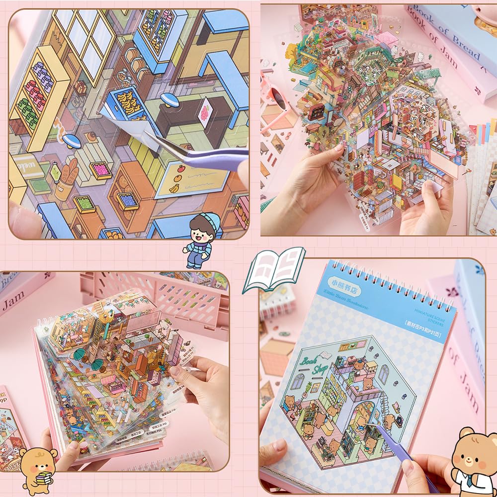 20 Set Fun DIY 3D House Stickers DIY Sticker Scene Collection Book for Kids Make Your Own Bookshop,Coffee Town,Xiaomao Flower Shop Therapy for Adult for Relief Stress Pass The Time - Image 4