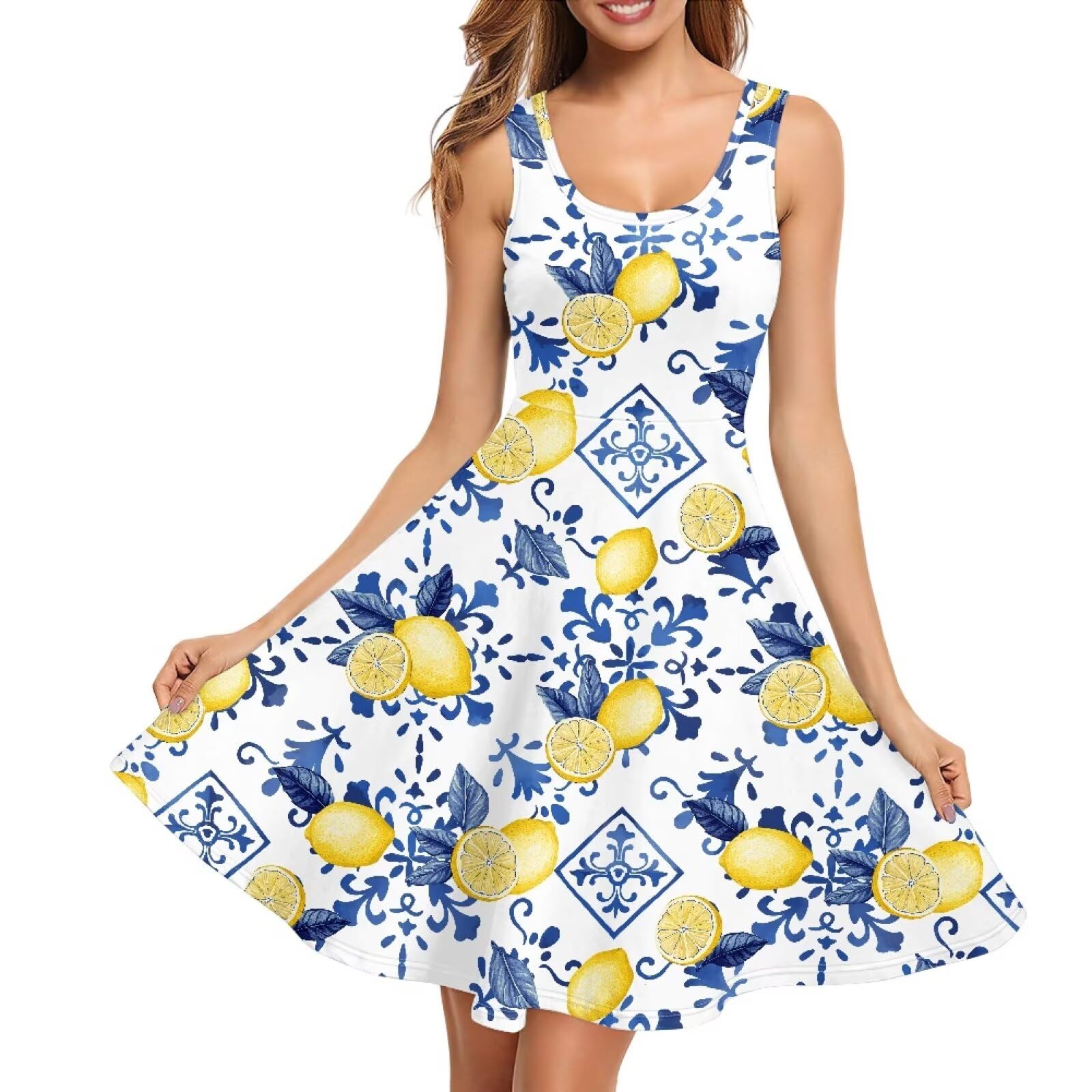 Women Stylish Tank Dresses Sleeveless Round Neck Midi Casual Dress with Pocket for Summer