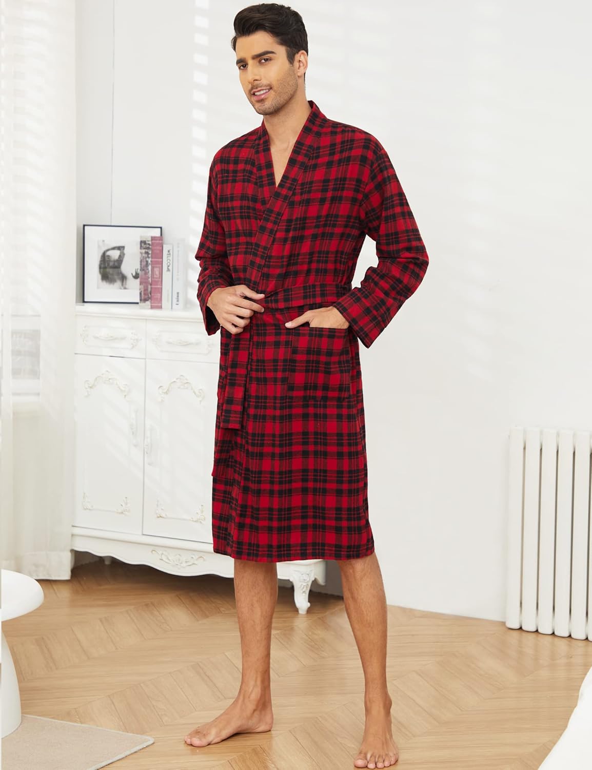 Zerbala Men's Flannel Robe Knee Length Plaid Bathrobe - Image 3
