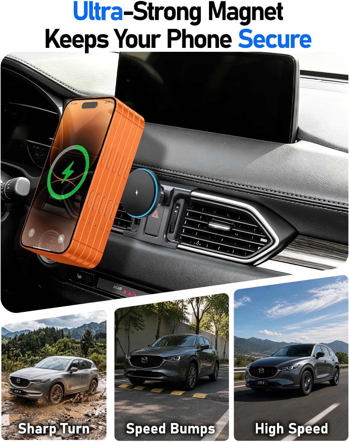 Car Phone Holder, Car Mount for Mazda CX5 2017-2025, 15W Wireless Charger, Magsafe Magnetic Navigation Stand Fit for iPhone 17 16 15 14 13 12 Pro Max Plus Mini, Magsafe Case, All Phones image 5