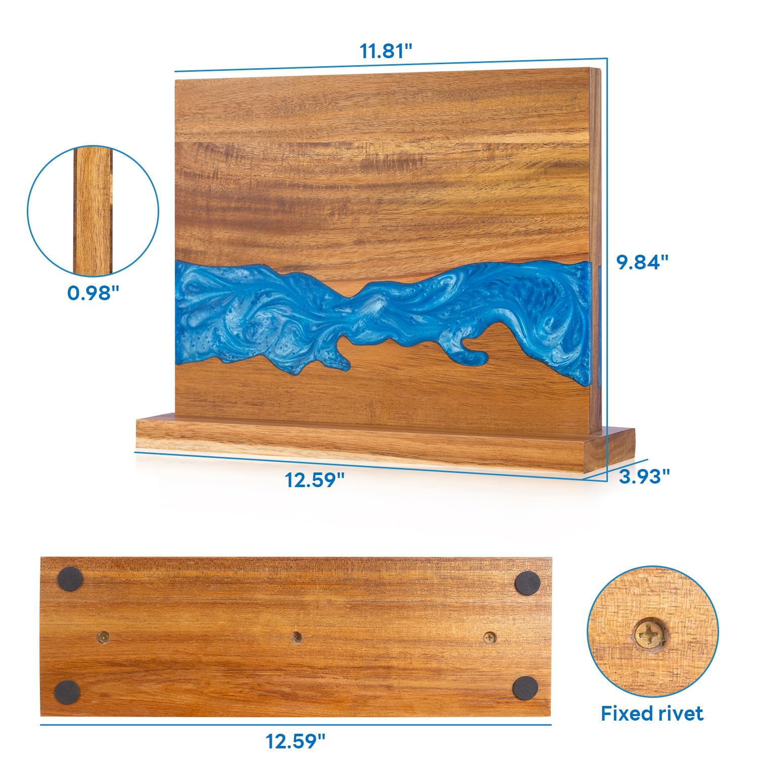 magnetic knife holder - Acacia wood Magnetic Knife Block, Magnetic Knife block stand with double-sided magnetic, blue resin river, 12.59 × 9.84 inches (Without knife) — Amazon image 6