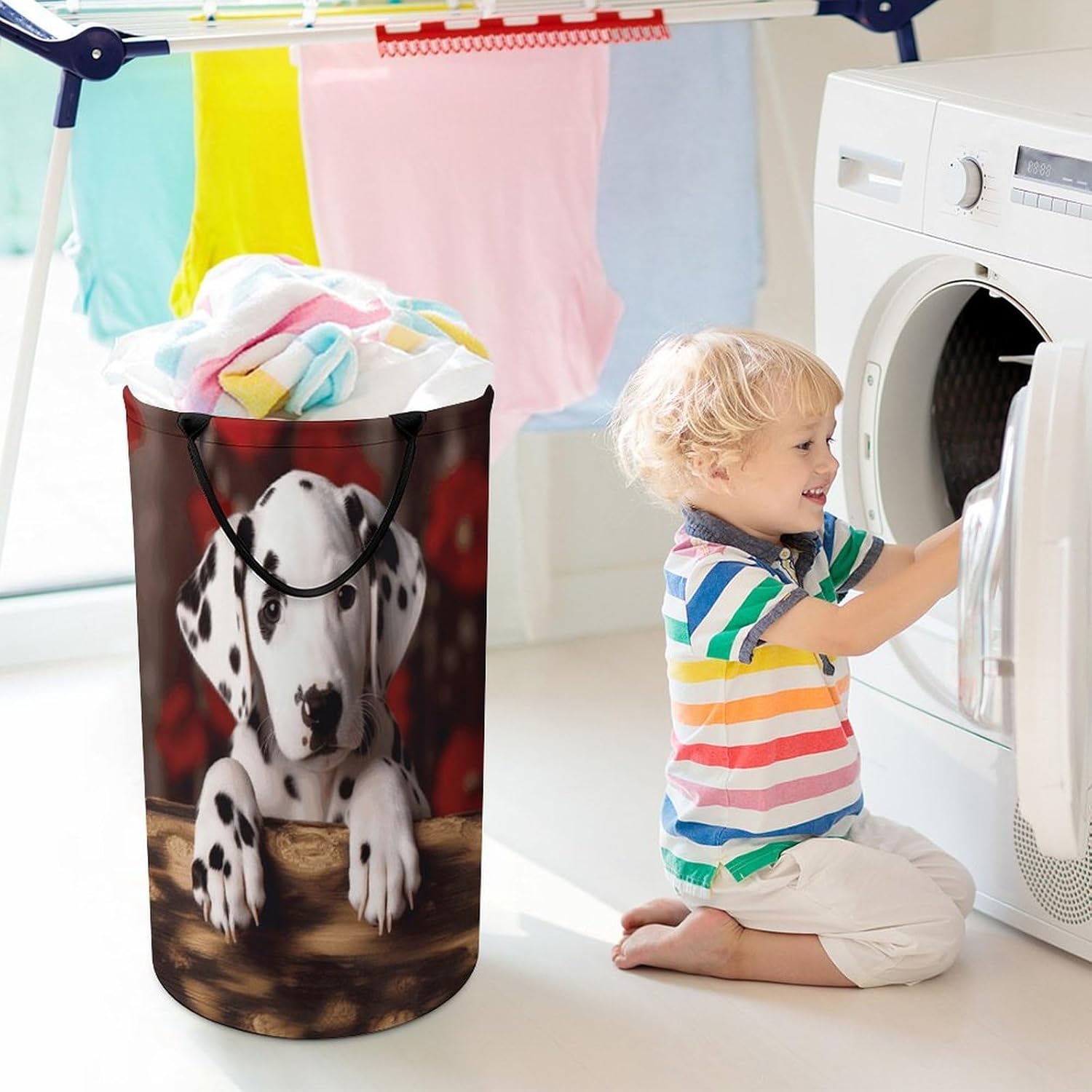 Dalmatian Puppy Laundry Hamper with Handles Waterproof Collapsible Laundry Basket Large Lightweight Round Dirty Clothes Hamper for Home Dorm Bathroom Decor