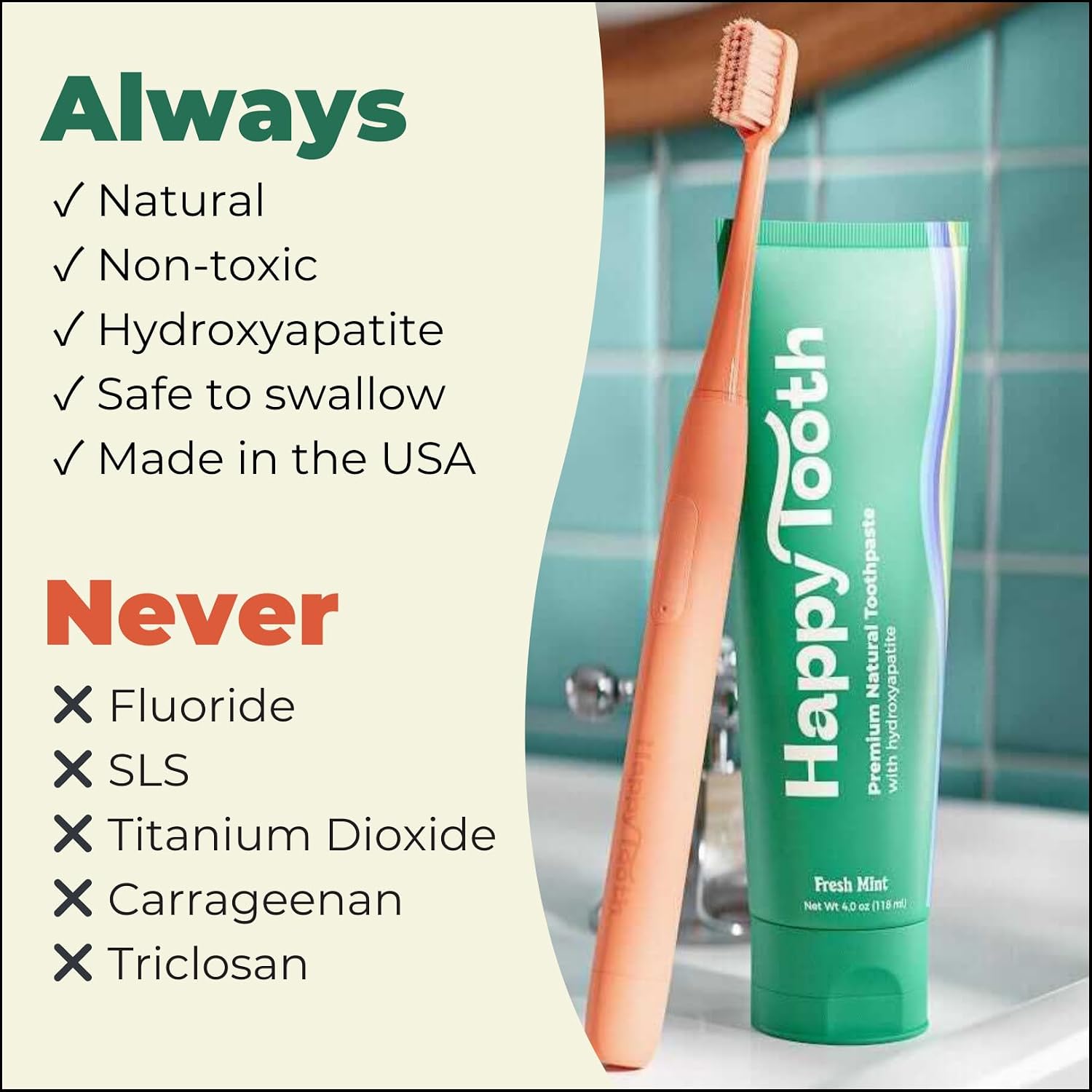 Hydroxyapatite Toothpaste, Whitening, Fluoride Free, Fresh Mint, 4oz