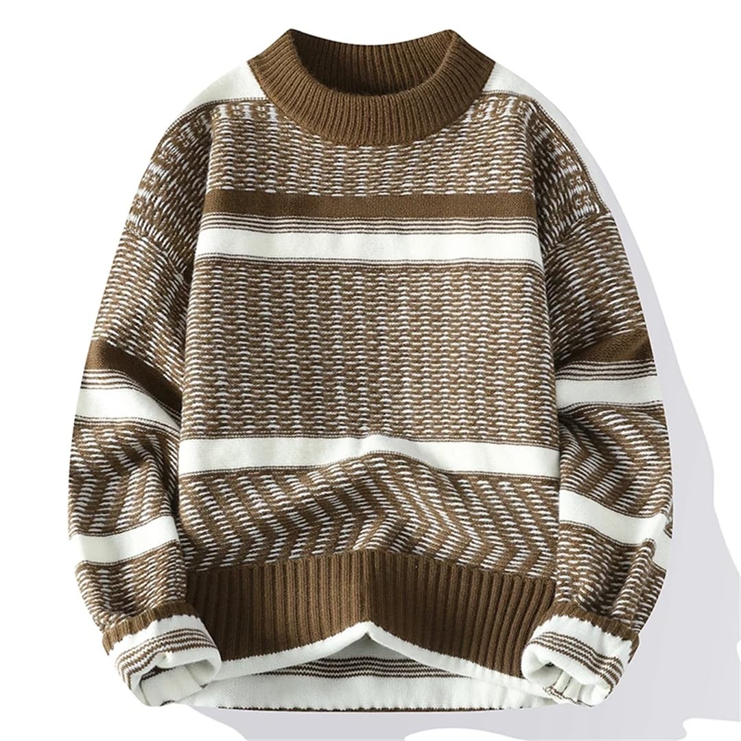 Maglione da uomo con scollo rotondo, caldo, a righe, maglione natalizio
