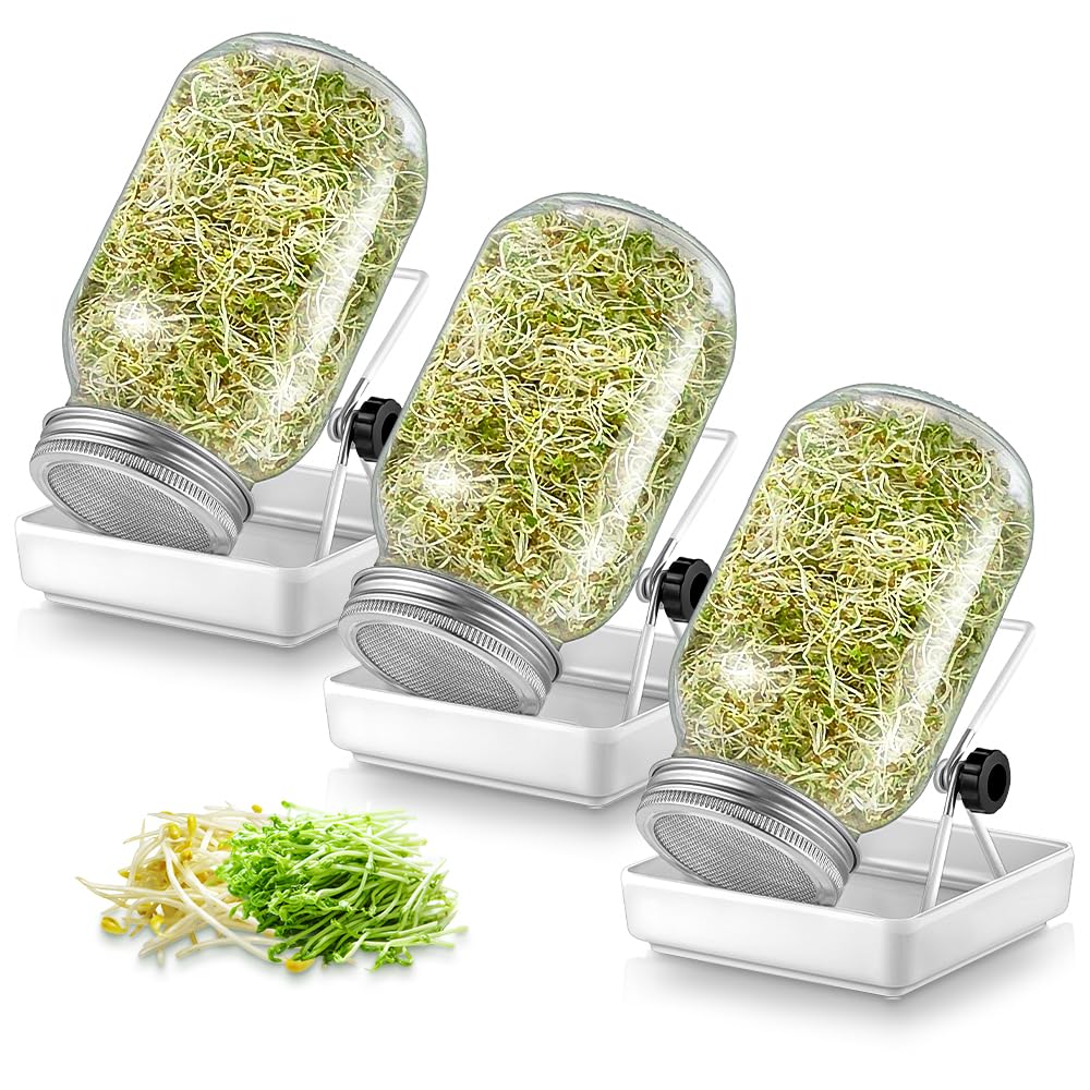 ecooe Sprossen Keimglas 3er Set keimgläser für Sprossenglas Sprouting jar mit 3 Wasserschale 3 Filtergitterabdeckungen aus Edelstahl 304 und 3 Ständer