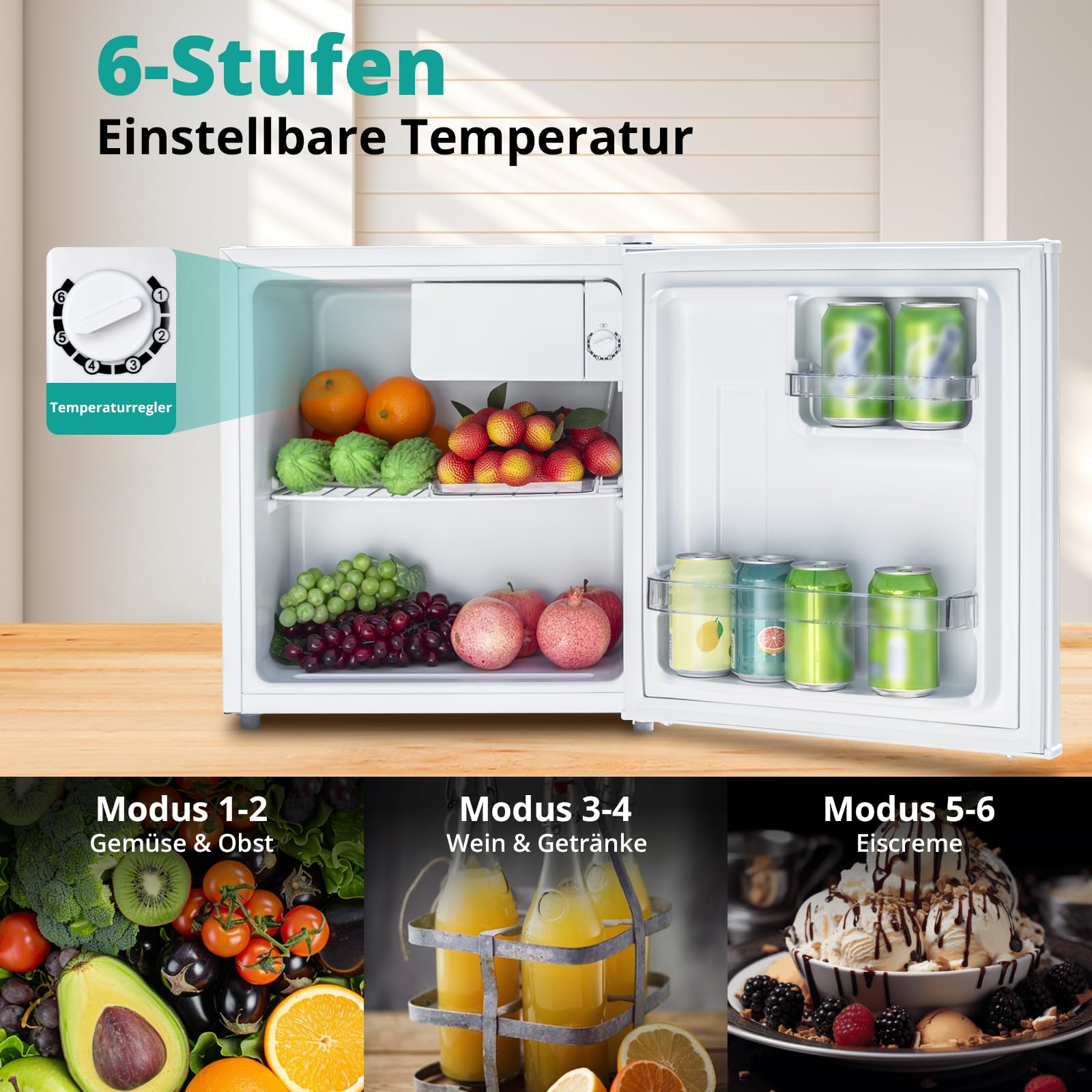 SMETA 46L Mini Kühlschrank, Klein Kühlschrank Leiser 39dB, Getränkekühlschrank 6-Stufen Thermostat 0-10°C, mit wechselbarem Türanschlag für Zuhause Büro Camping Schlafzimmer, Weiß