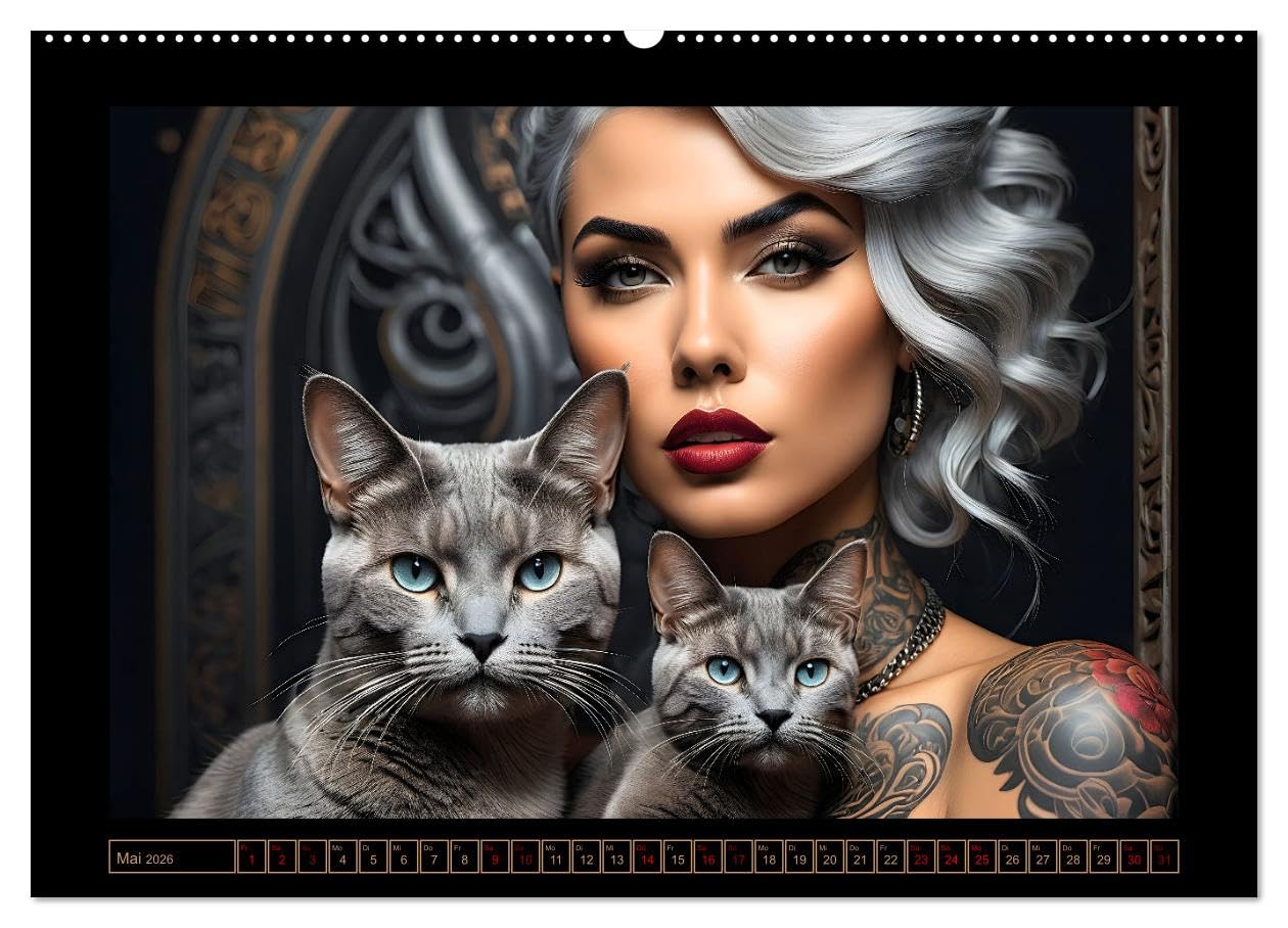 Geheimnisvolle Katzenfrauen (hochwertiger Premium Wandkalender 2026 DIN A2 quer), Kunstdruck in Hochglanz: Zauberhafte Porträts anmutiger Samtpfoten ... verführerischen Gefährtinnen (CALVENDO Tiere)