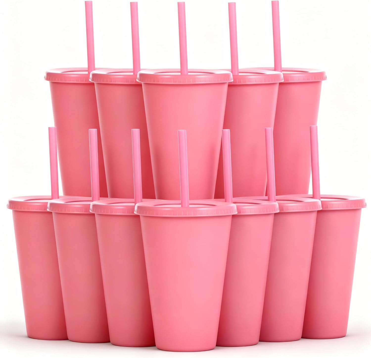 Ankeli&Lt16oz Reusable Plastic Cups with Lids and Straws, 12 Pack, Pink