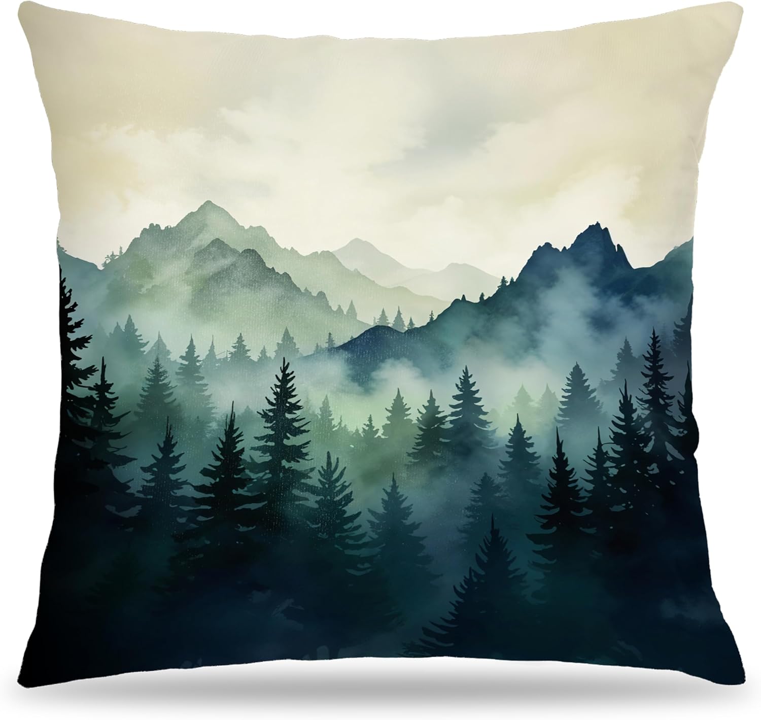 Misty Mountain Forest Pillow Covers 18x18, Forest Room Decor, Dark Green Foggy Mountain Nature Landscape Decorative Throw Pillow Covers for Home Bedroom Living Room