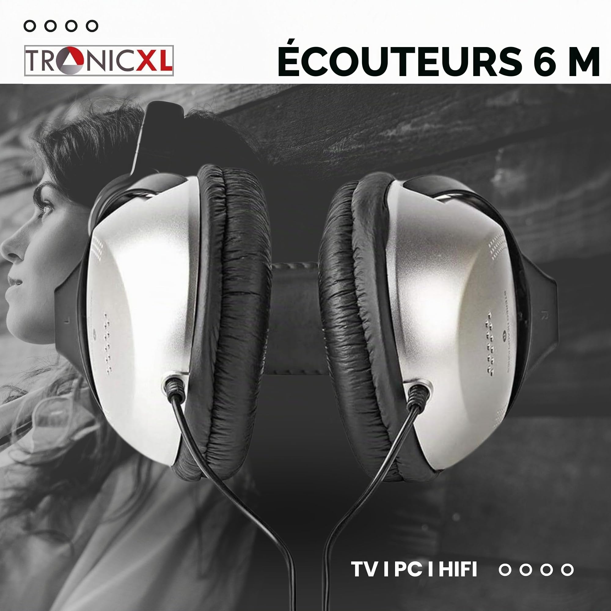 TronicXL Casque de télévision, serre-tête, câble de 6 m, stéréo, TV, PC, HiFi, arceau jack 3,5 mm, prise jack 6,35 mm, câble long