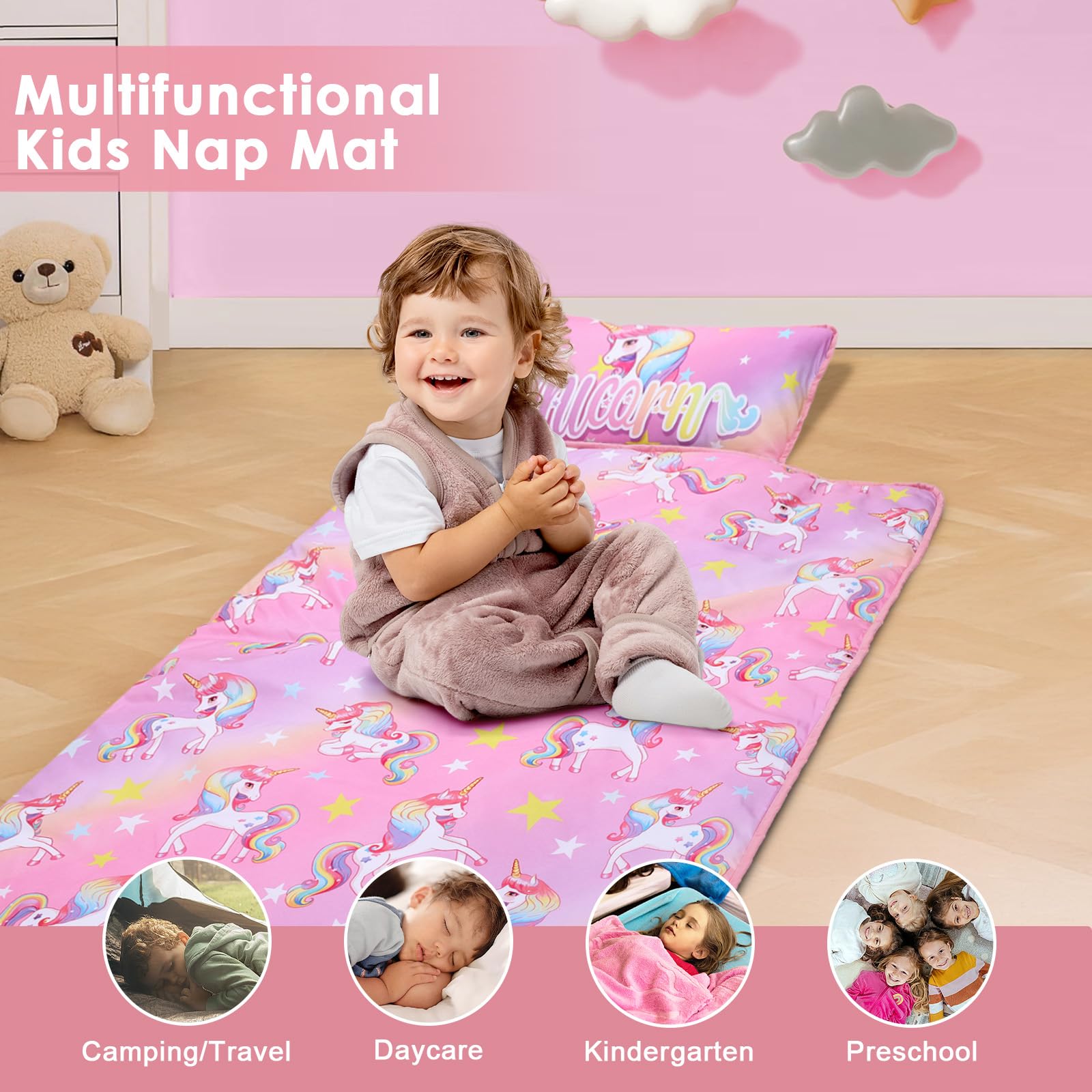 Schlafsack Kinder mit Kopfkissen Reißverschluss, Faltbar, Abnehmbar, 150×60cm, für Outdoor Camping