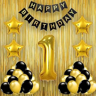 Black Gold 1st Birthday Party Decorations with Birthday Banner, Star, Latex Balloons , Curtains and 1 Digit No. Set of 39 Supplies