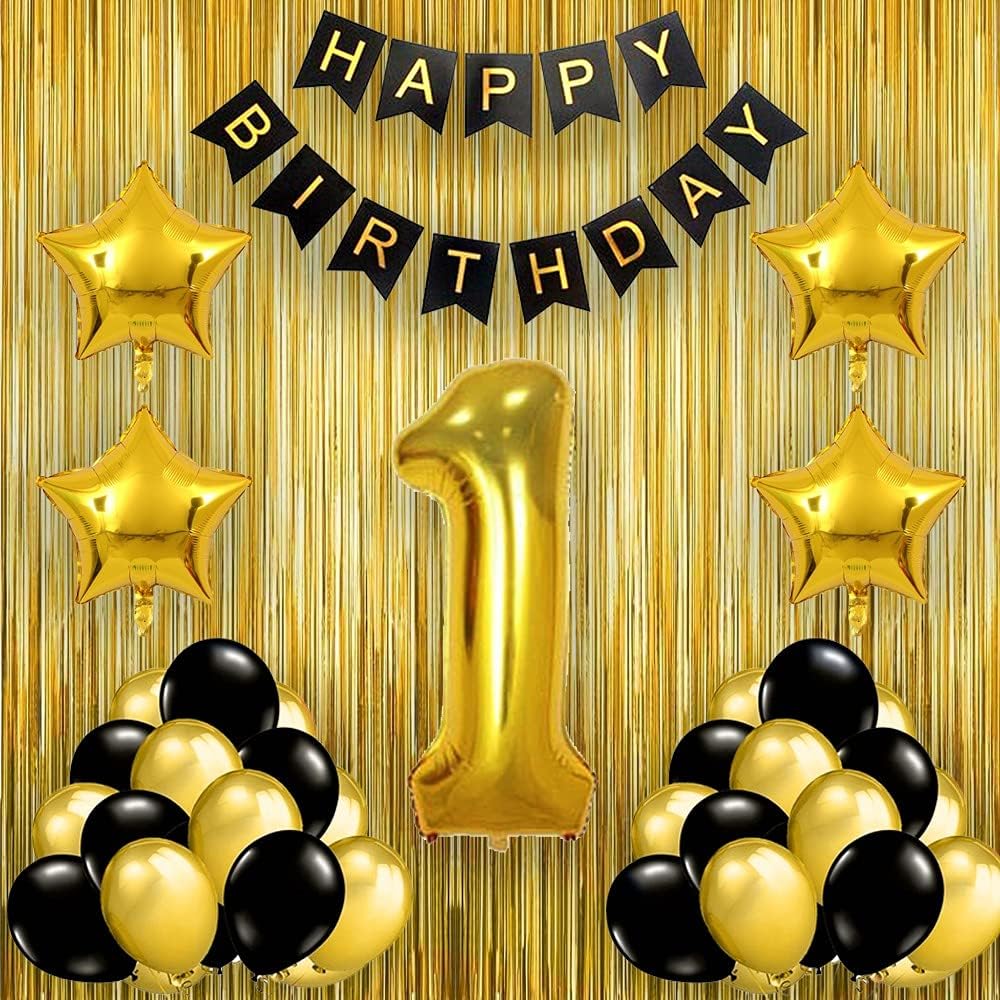 Black Gold 1st Birthday Party Decorations with Birthday Banner, Star, Latex Balloons , Curtains and 1 Digit No. Set of 39 Supplies