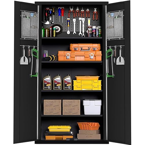 Superday 6-Tier Garage Storage Cabinet with Pegboard, 71" Metal Multifunctional Storage Cabinet with Doors and Shelves, Locking Cabinet with Adjustable Shelf for Warehouse, Basement