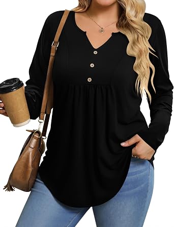 INVOLAND Womens Plus Size Long Sleeve Shirts Fall Tunic Top V-neck T-Shirt Button Up Dressy Casual Blouse 1X-5X