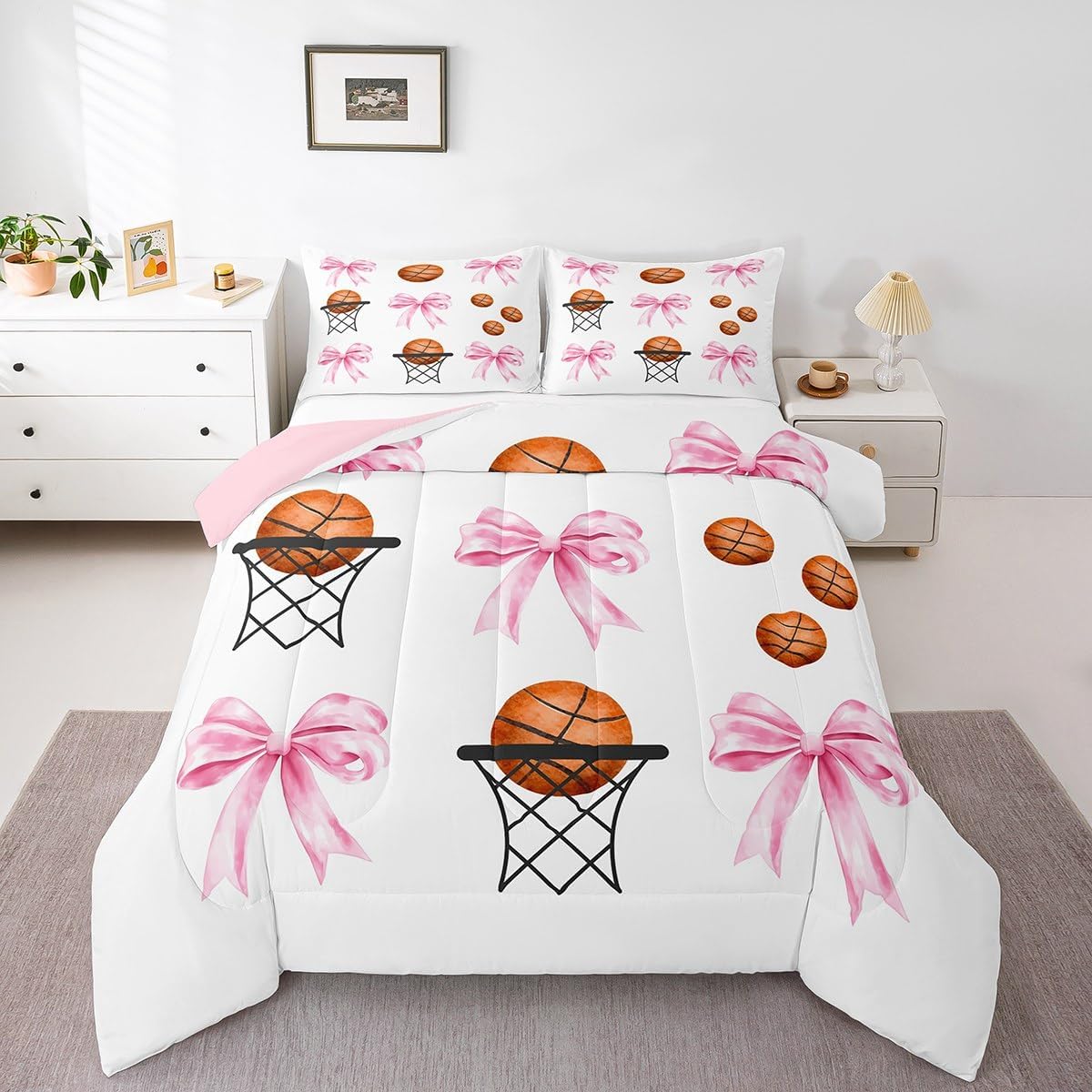 Basketball Kids Bedding Comforter Set Full Size,Girls Sport Bow Bedding Sets All Season,Pink Bowknot Basketball Hoop Bedroom Quilt Set,Girly Sport Duvet Insert,2 Pillowcases