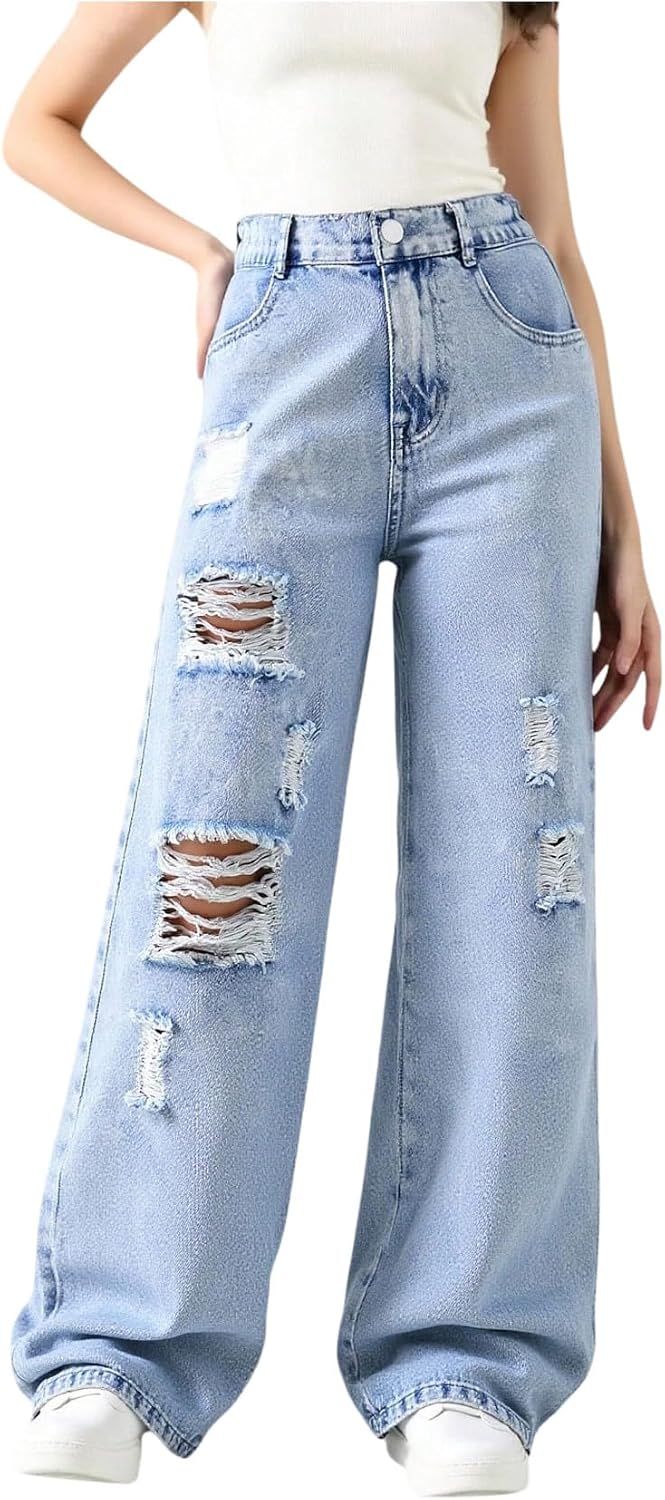 OYOANGLE Girl's Ripped Jeans Zipper Fly Distressed Wide Leg Baggy Y2K Denim Pants with Pockets Streetwear
