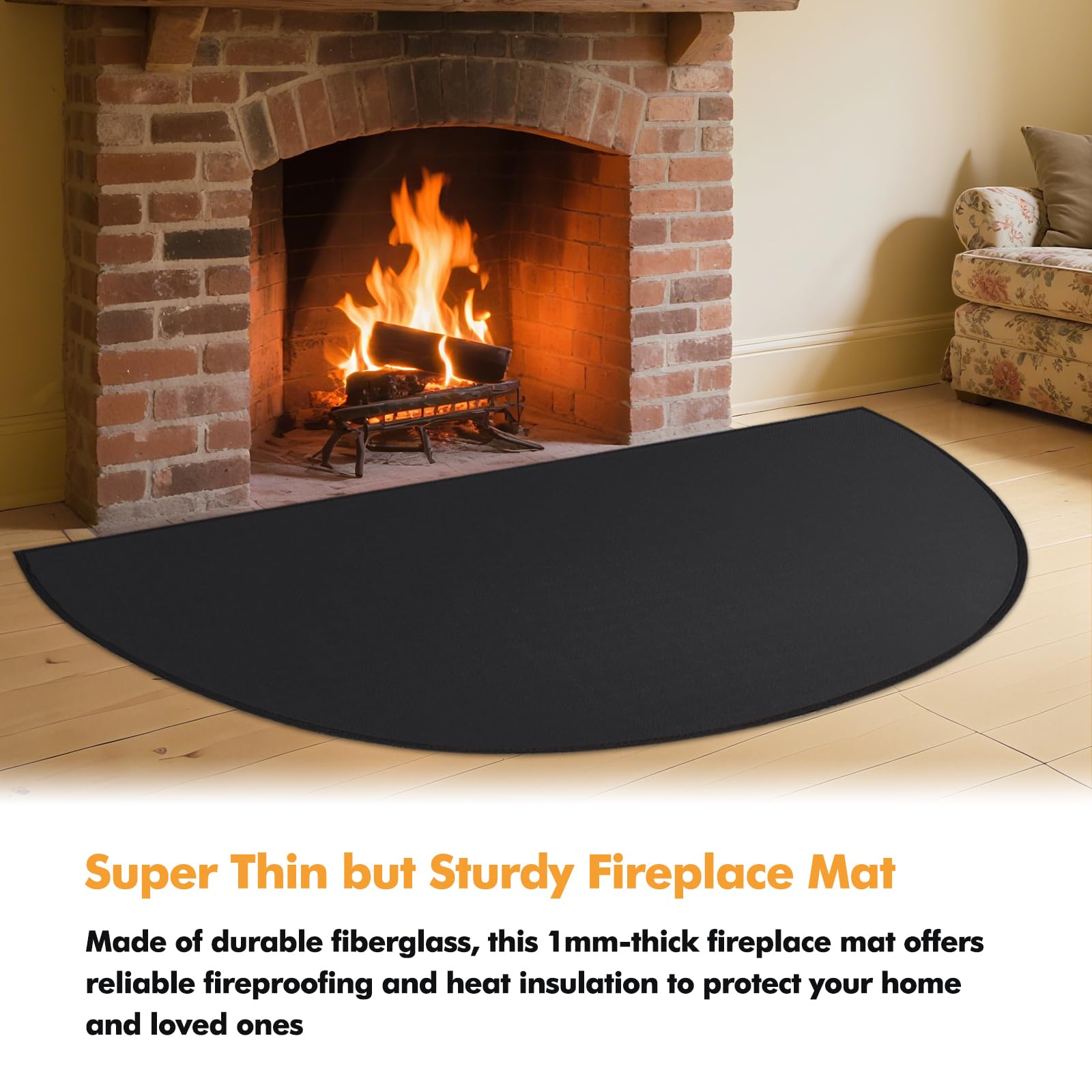 TOHONFOO Tappetino ignifugo per camino, 71 x 122 cm, semicircolare, resistente alla fiamma, in fibra di vetro, resistente al fuoco, protegge i pavimenti da scintille e braci