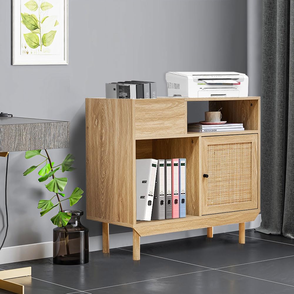 Armoire de rangement vintage en bois et rotin tissé – Organisateur de disques avec portes tissées à la main, pieds d’armoire en bois massif, étagère polyvalente pour disques, livres, fournitures de