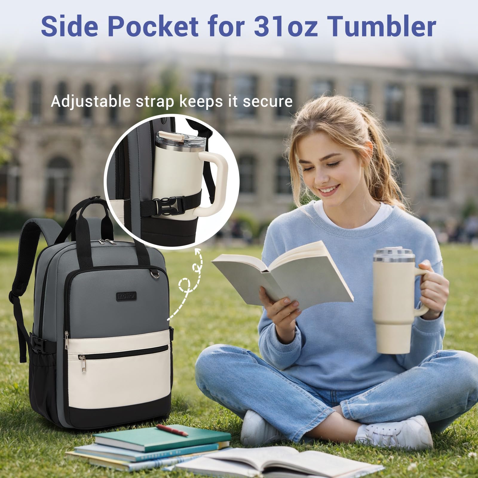Kono Laptop Backpack Womens with Pouch Pocket for Large Capacity Cup, 15.6 Inch Laptop Bags for Women, Travel Backpack Water Resistant Large Rucksack for Work Business School College Teacher Girls - 4